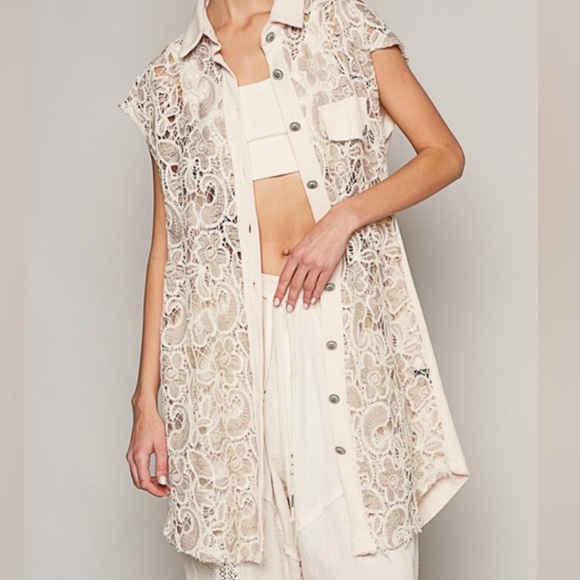 POL Tops - 21. POL LAST 1! long Cardigan Dress Cream Collar Embroidered Lace Thermal